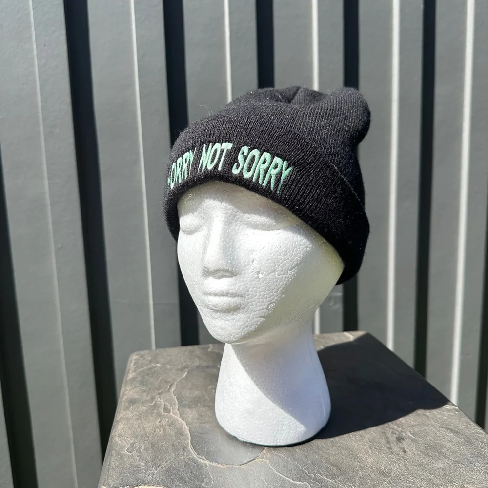 “Sorry Not Sorry” Green Embroidered Black Beanie